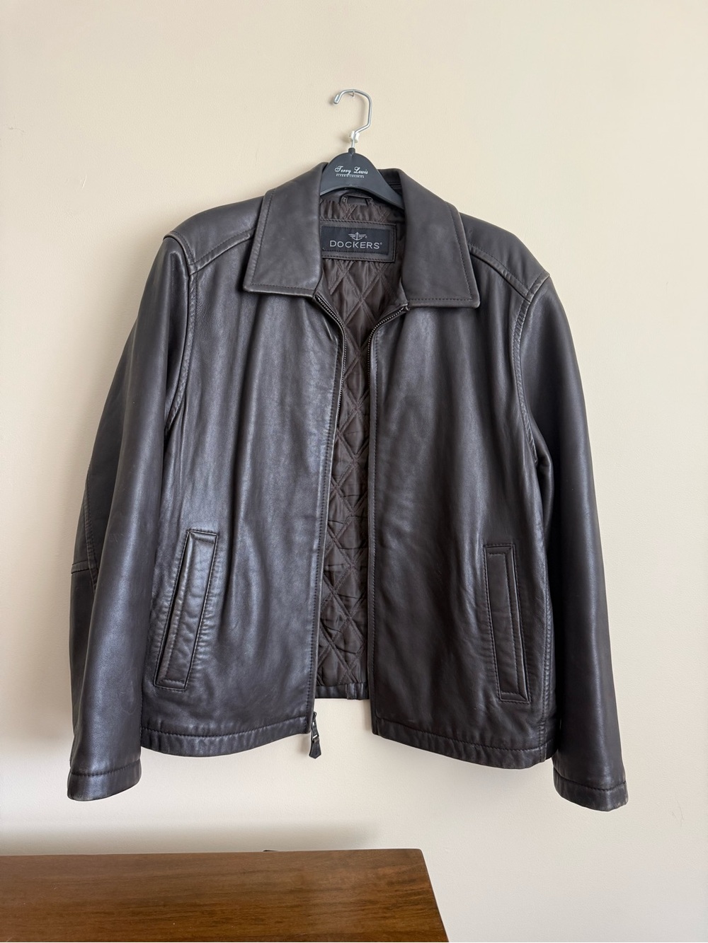 Dockers 100% Genuine Leather Bomber Jacket Brown Quilted Lining Size Large